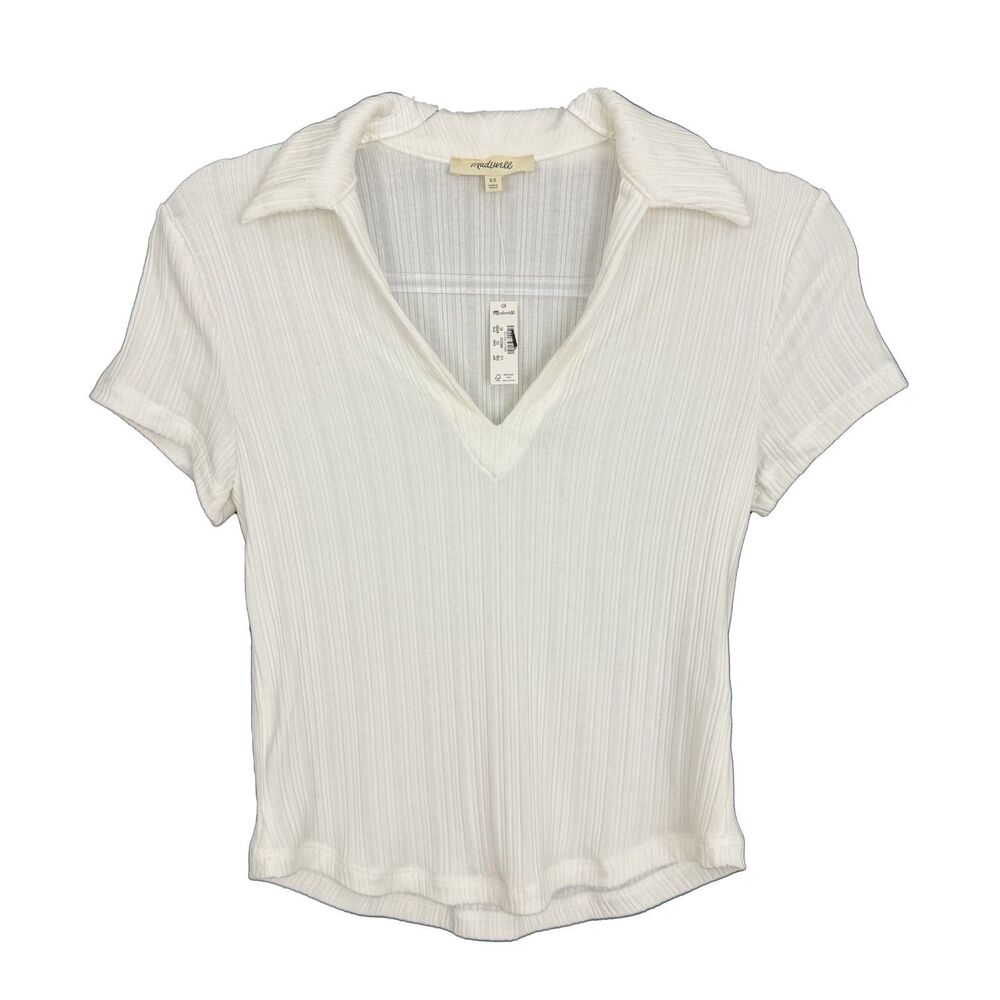 MADEWELL Ribbed V-Neck Polo Top XL Lighthouse White Slim Fit Short Sleeve B51 - Picture 2 of 5
